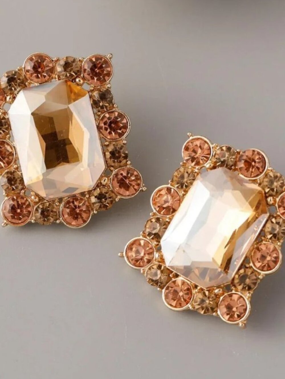 Large Retro Square Rhinestone Statement Stud Earrings Rose Gold 1.5" - Picture 1 of 5